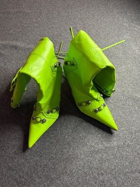 Neon Green Pointed-Toe Lace-Up Women's Heeled Boots
